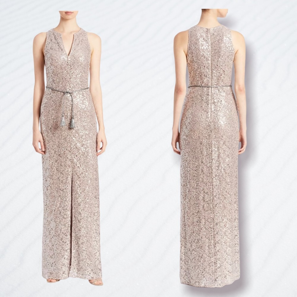 Kay Unger Bisque Lace and Sequin Gown with Front Slit Plus Size 16
